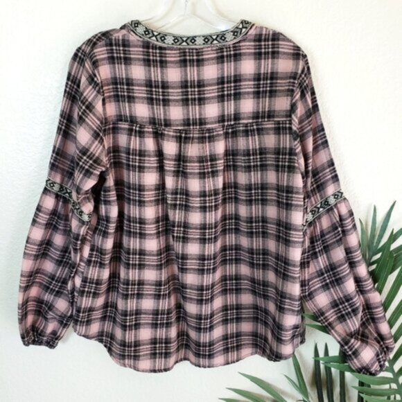 Knox Rose Bohemian Plaid Puff Sleeve Peasant Blouse Top size M - Picture 7 of 12